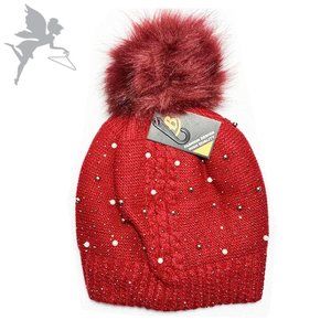 NWT Pearl and rhinestone fleece lined pompon hat
